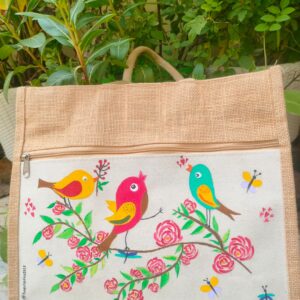 Hand-Painted Jute Bag – Colorful Birds & Floral Design