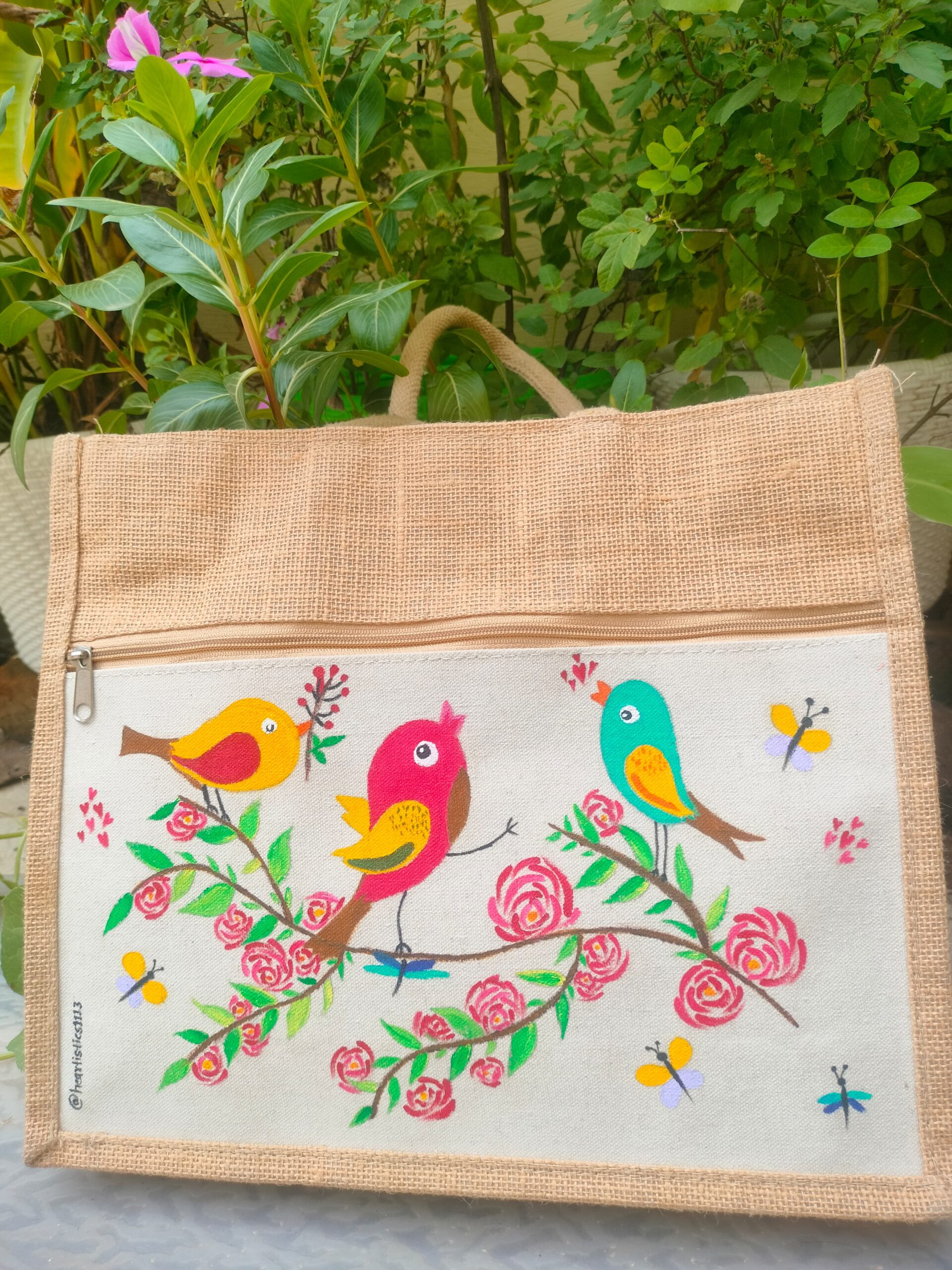 Hand-Painted Jute Bag – Colorful Birds & Floral Design
