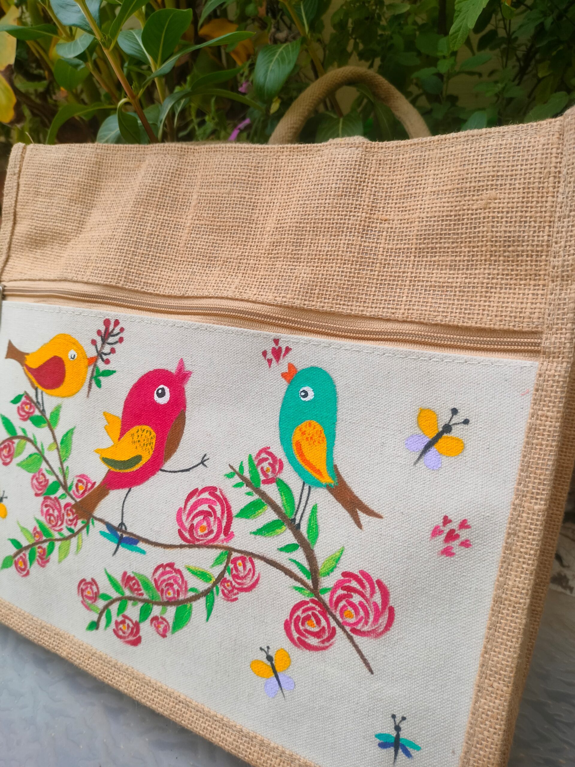Hand-Painted Jute Bag – Colorful Birds & Floral Design - Image 2