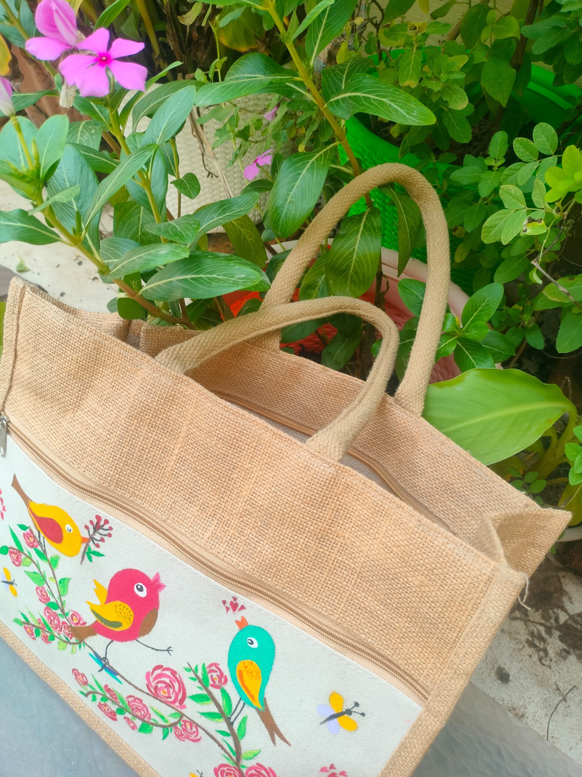 Hand-Painted Jute Bag – Colorful Birds & Floral Design - Image 5