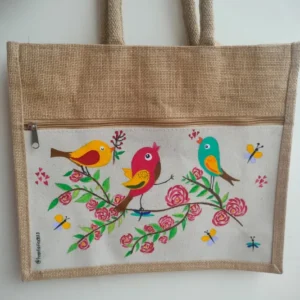 Hand-Painted Jute Bag – Colorful Birds & Floral Design