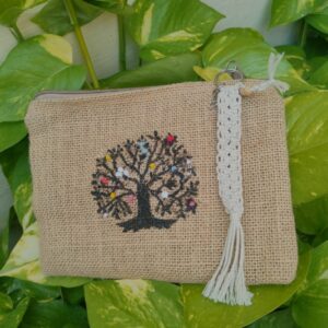 Handmade Jute Pouch with Embroidered Tree Design